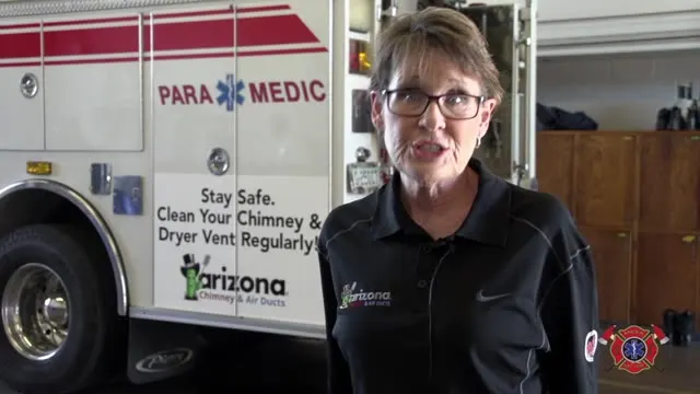 Becky Derendal recording a chimney and dryer vent safety message with Mesa Fire and Medical